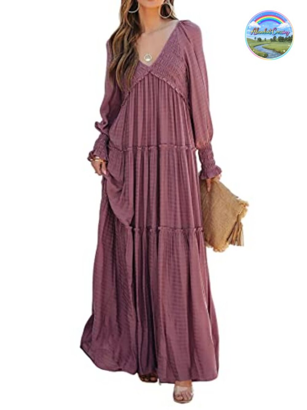 Womens Flowy Maxi Dress Long Sleeve V Neck Boho A-Line Maternity
